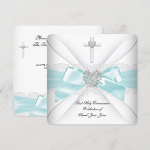 Girl First Holy Communion Teal White Silver Heart Invitation