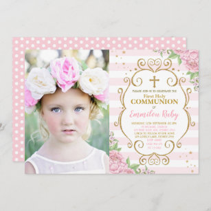 Girl First Holy Communion Watercolor Pink Flowers Invitation
