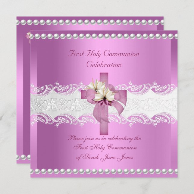 Girl First Holy Communion White Lace Pink Pearl Invitation (Front/Back)