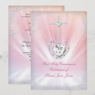 Girl First Holy Communion White Pink Heavenly 2 Invitation