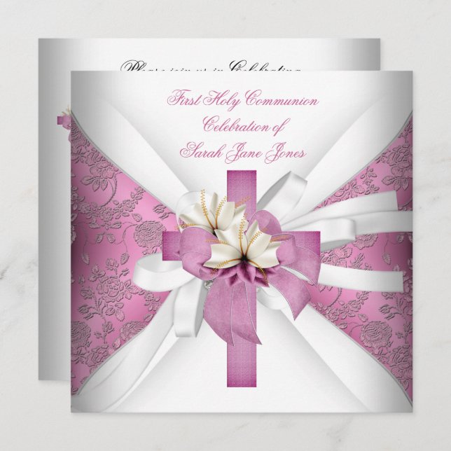 Girl First Holy Communion White Pink Invitation (Front/Back)