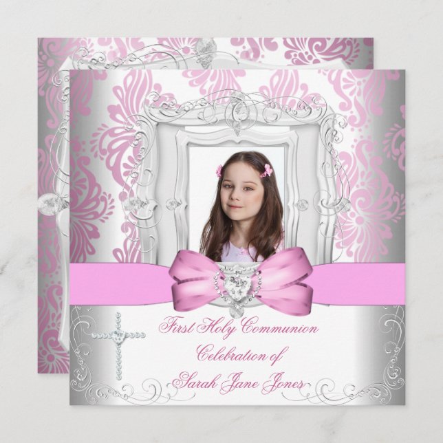 Girl First Holy Communion White Pink Photo Invitation (Front/Back)