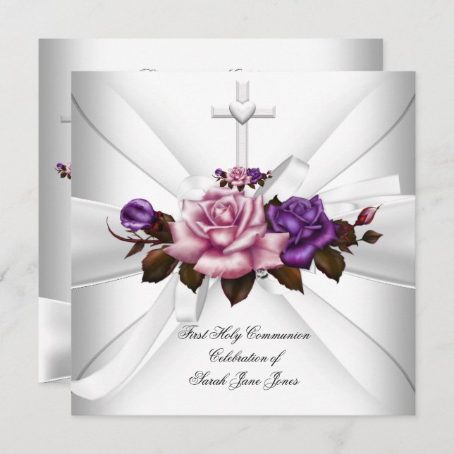 Girl First Holy Communion White Silver Pink Purple Invitation (Front/Back)
