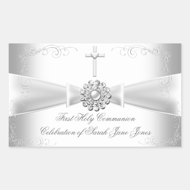 Girl First Holy Communion White Silver Rectangular Sticker (Front)