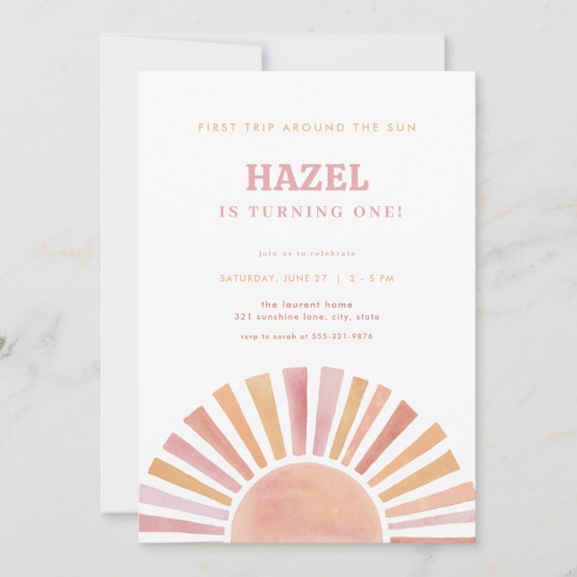 Girl First Trip Around the Sun Birthday Invite (Front)