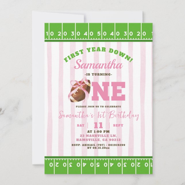 Girl First Year Touch Down Football First Birthday Invitation (Front)