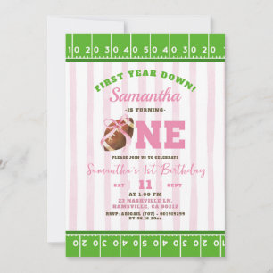 Girl First Year Touch Down Football First Birthday Invitation