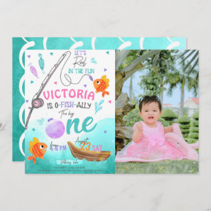Girl Fishing 1st Birthday Photo Invitation