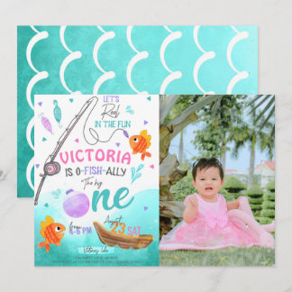 Girl Fishing 1st Birthday Photo Invitation