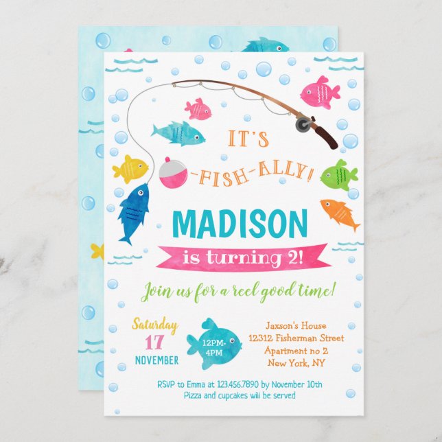 Girl Fishing Birthday Invitations 2nd 3rd 4th  (Front/Back)