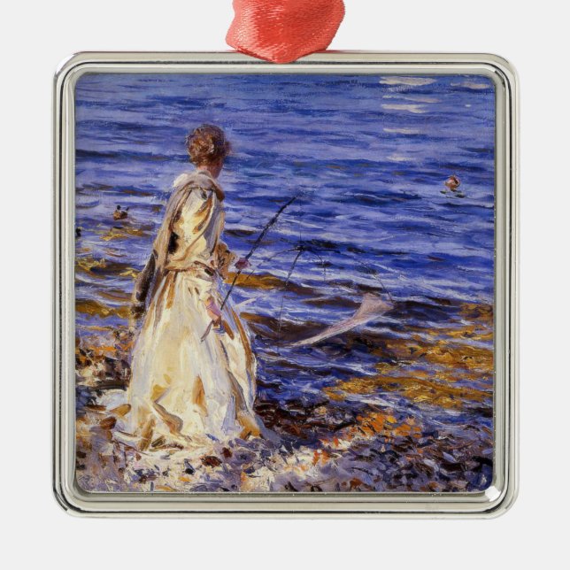 Girl Fishing (by John Singer Sargent) Metal Ornament (Front)