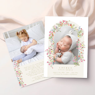 girl floral arch photo custom text baby birth announcement
