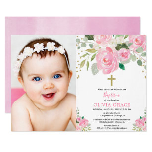 Girl floral baptism blush pink photo invitation