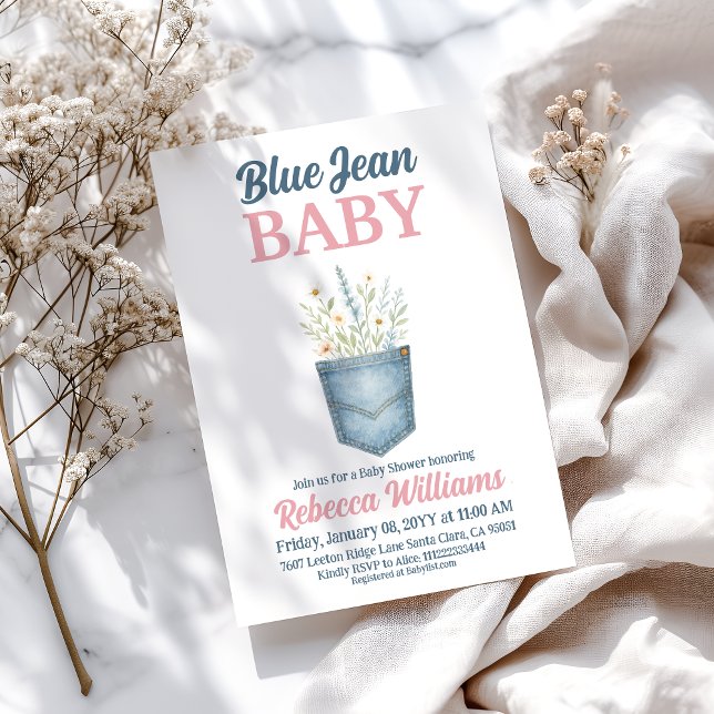 Girl Floral Denim Pocket Blue Jean Baby Shower Invitation (Creator Uploaded)