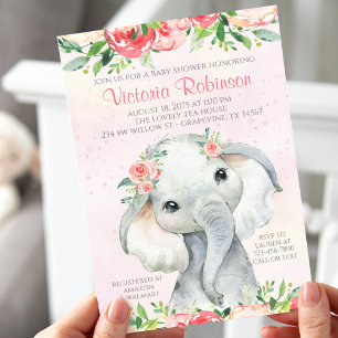 Girl Floral Elephant Baby Shower Invitation