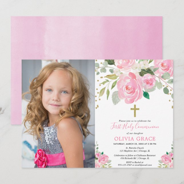 Girl floral first holy communion blush pink photo invitation (Front/Back)