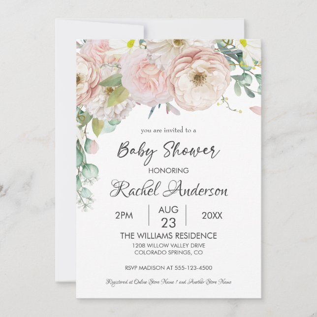 Girl Floral Greenery Soft Pastel Baby Shower  Invitation (Front)