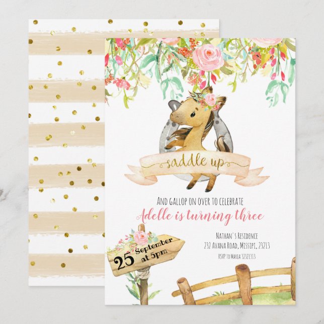 Girl Floral Horse Saddle Up Birthday Invitation (Front/Back)