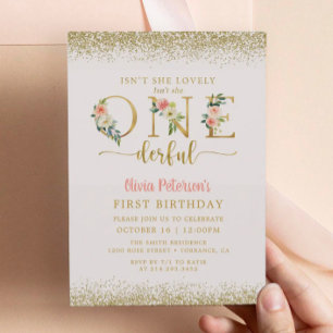 Girl Floral Isn't She Onederful 1st Birthday Invitation