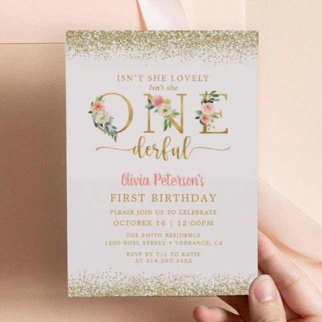 Girl Floral Isn't She Onederful 1st Birthday Invitation (Creator Uploaded)
