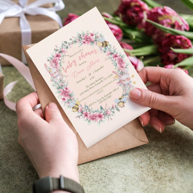Girl Floral Pink Cute Bunny Baby Shower Invitation (Creator Uploaded)