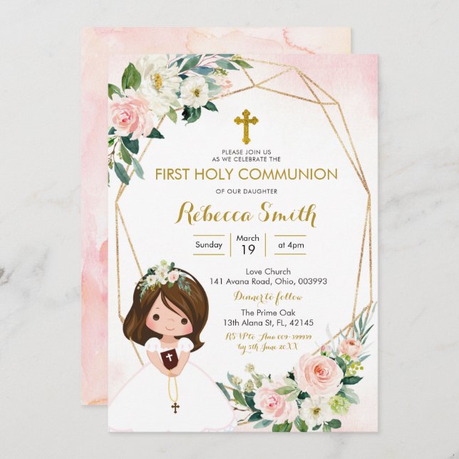 Girl Floral Pink First Communion Invitation (Front/Back)