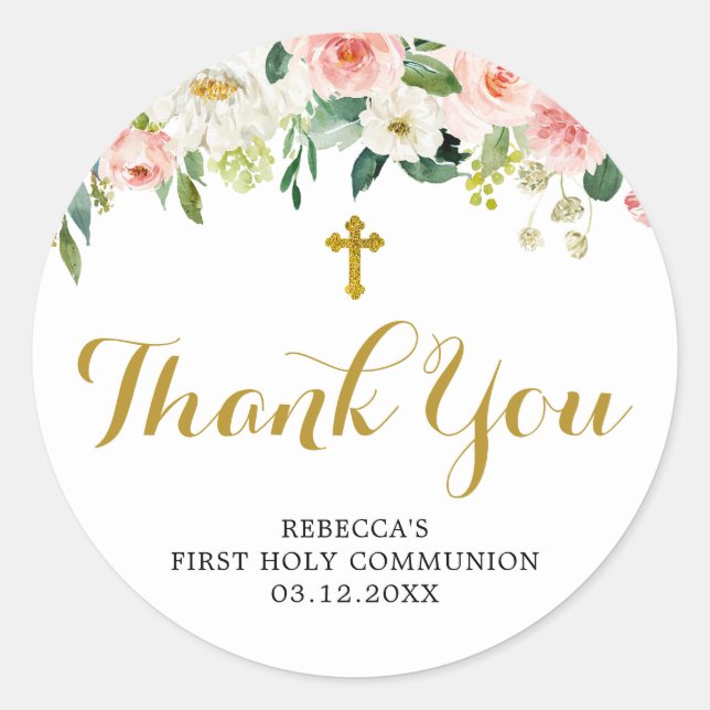 Girl Floral Pink First Communion Thank You Sticker (Front)
