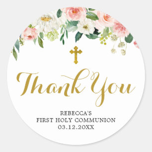 Girl Floral Pink First Communion Thank You Sticker
