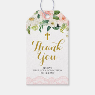 Girl Floral Pink First Communion Thank You Tag