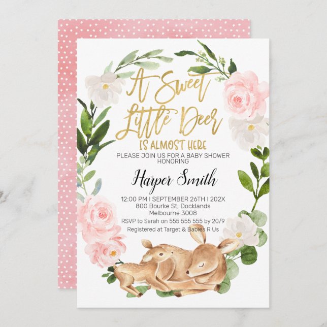Girl Floral Wreath Deer Baby Shower Invitation (Front/Back)