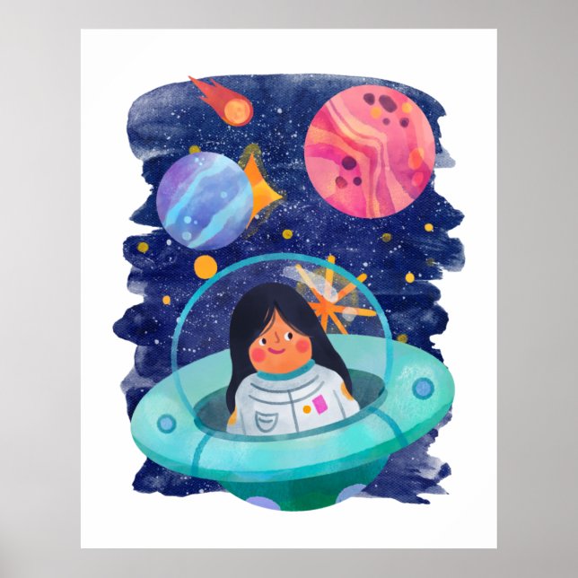 Girl Flying Sauser Astronaut Outer Space Planets  Poster (Front)
