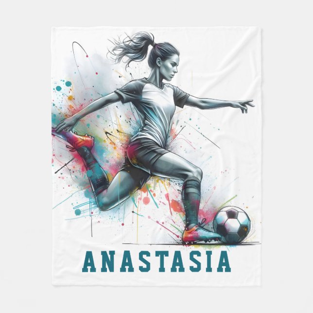 Girl Football Player action game colourful kick it Fleece Blanket (Front)