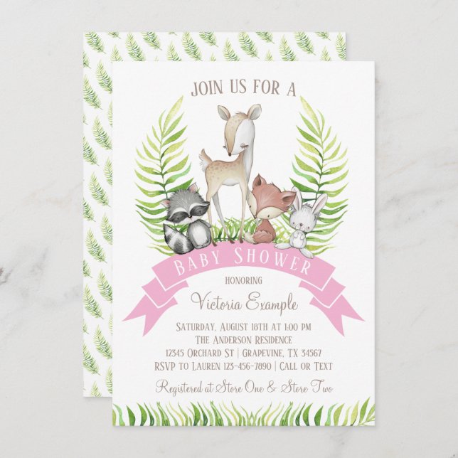 Girl Forest Woodland Greenery Baby Shower Invitation (Front/Back)