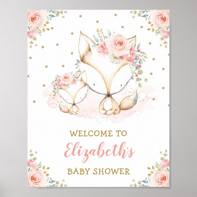 Girl Fox Blush Pink Floral Baby Shower Welcome Poster (Front)