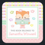 Girl Fox Pink and Green Kids Bookplate Square Sticker<br><div class="desc">Adorable girl fox reading a green book and surrounded by flowers on a pastel pink,  green,  purple and yellow background.
Graphics by TheHappyGraphics</div>