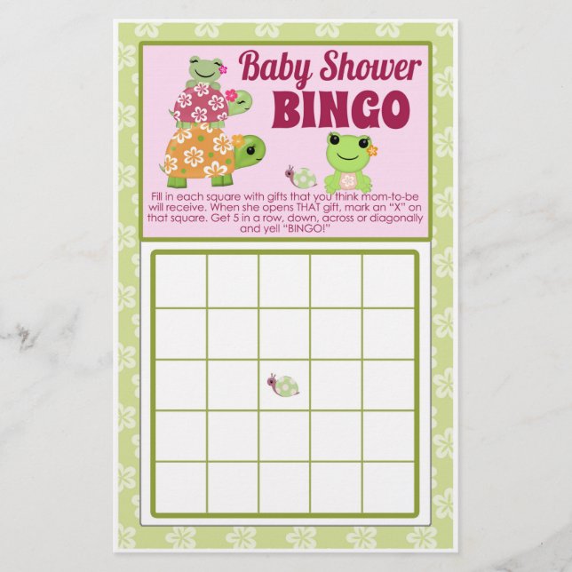 Girl Frog Baby Shower Game BINGO Sheet (Front)