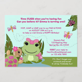 Girl FROG birthday invitation pink pond turtle