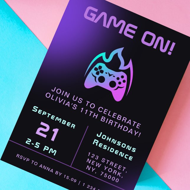 Girl Gamer Birthday Party Neon Video Game Theme Invitation (Creator Uploaded)