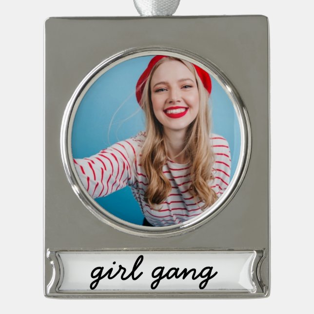 girl gang cute modern feminist girl power script  silver plated banner ornament (Front)