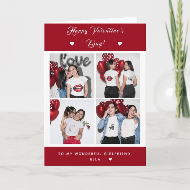 Girl Gay Couple 4 Photo Collage Valentines Day Red Card (Front)