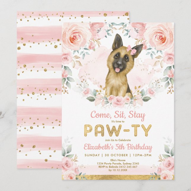 Girl German Shepherd Dogs Birthday Pink Gold Party Invitation (Front/Back)