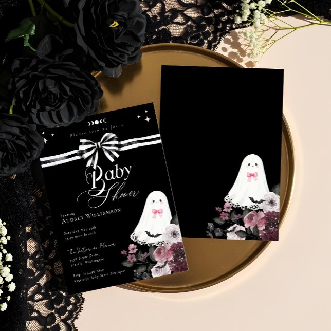 Girl Ghost Little Boo Floral Gothic Baby Shower Invitation (Gothic Halloween Skeleton Hand Rose Baby Shower Invitation)
