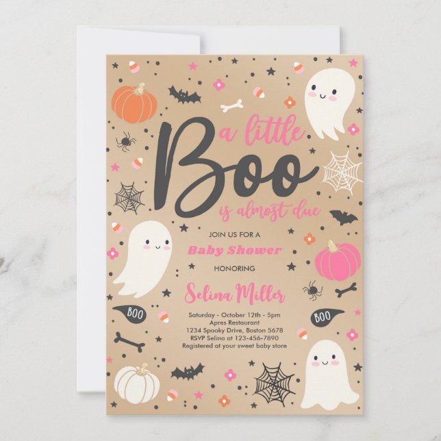 Girl Ghost Little Boo Is Due Halloween Baby Shower Invitation (Front)