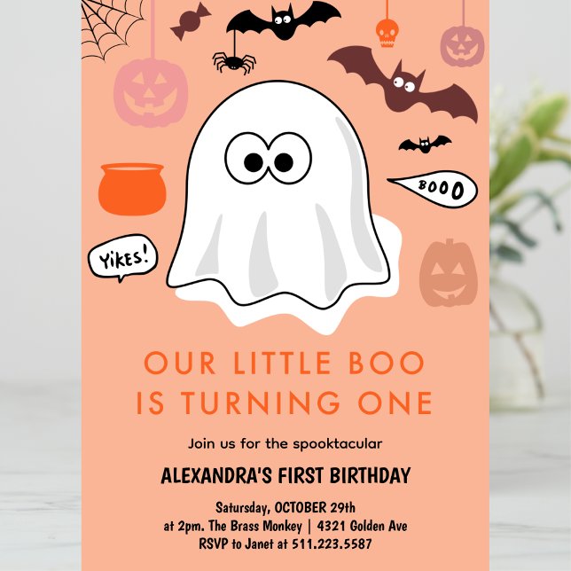 Girl Ghost Orange Halloween 1st birthday Invitation (Halloween-1st-birthday-Invitation-ghost-girl-orange-1)