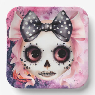 Girl Ghost Skeleton Halloween Pink Themed  Paper Plate
