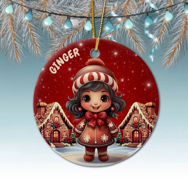 Girl Gingerbread Village House Christmas Decor Ceramic Ornament (Personalizable Girl Gingerbread & Houses Christmas Decor Customizable Ornament  Xmas Decoration 🎄)