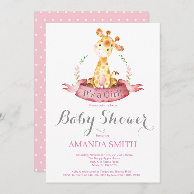 Girl Giraffe Baby Shower Invitation Pink and Grey (Front/Back)