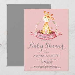 Girl Giraffe Baby Shower Invitation Pink and Grey