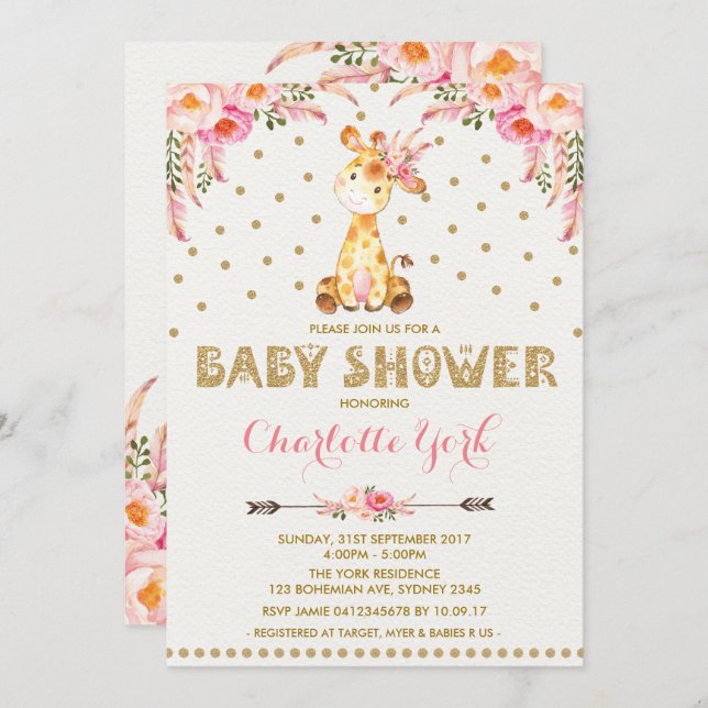 Girl Giraffe Baby Shower Pink Floral Tribal Invite (Front/Back)