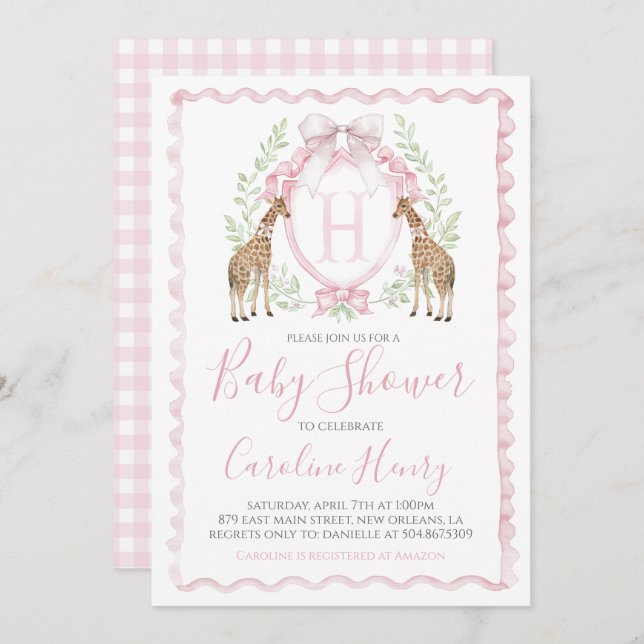 Girl Giraffe Baby Shower Preppy Pink Gingham Invitation (Front/Back)